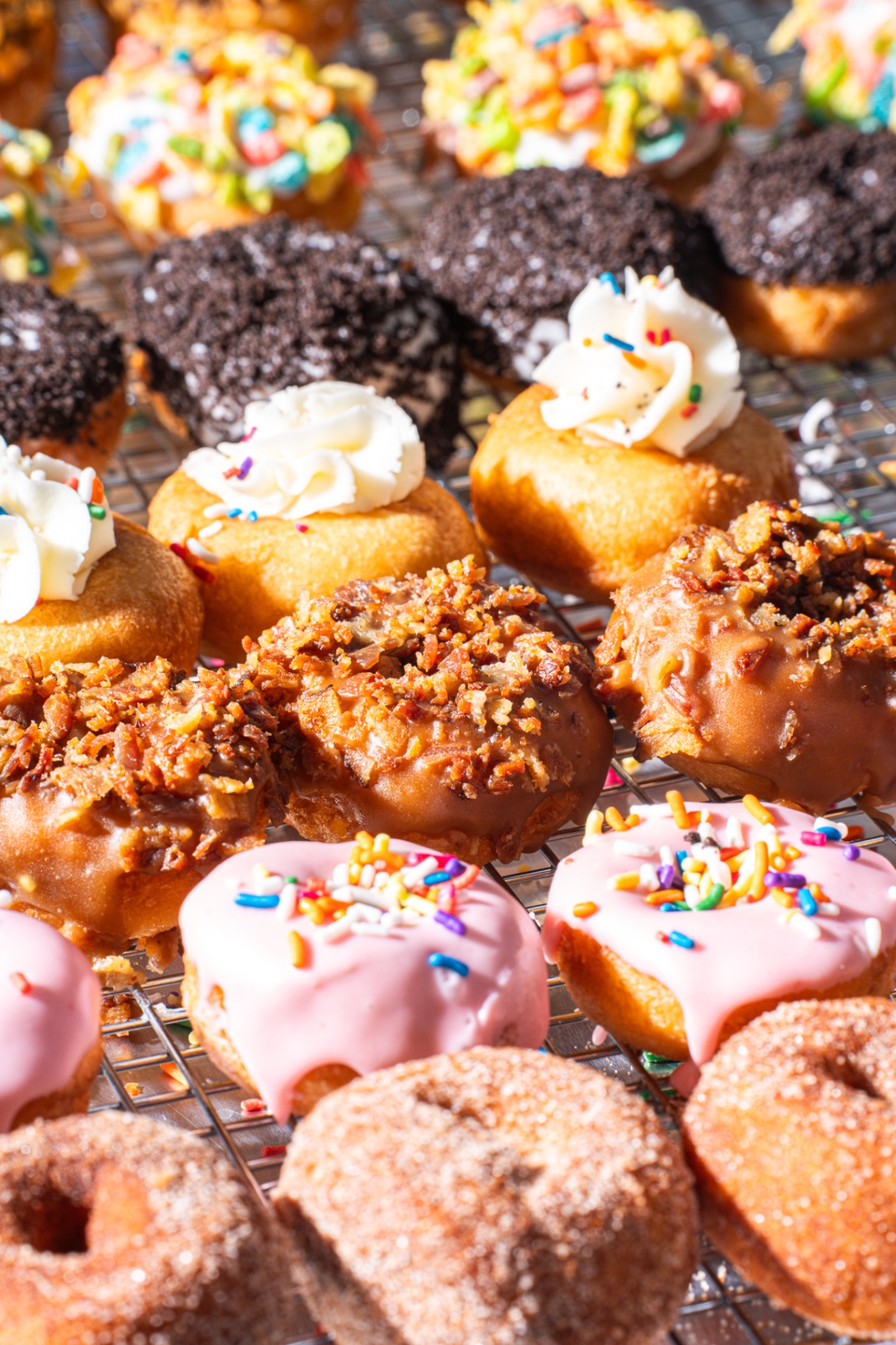 Assorted Mini Bar Donuts in a white bakery box — strawberry sprinkle, maple bacon, vanilla, cinnamon sugar, chocolate peanut butter, Fruity Pebbles, and cookies and cream